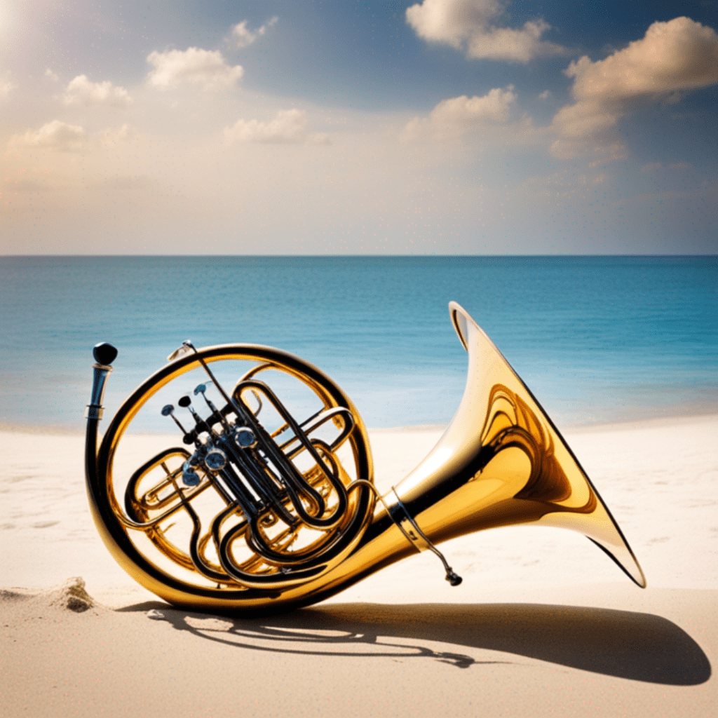 AI generated french horn lounging on a beach. Calm sea and gentle cloudy sky.