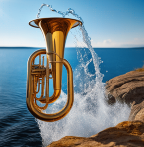 AI generated tuba springing up from the sea near a rocky cove.