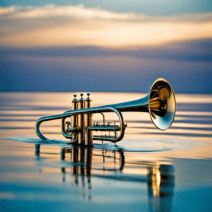 AI generated trumpet shaped brass musical instrument emerging from a calm lake. Thick calm clouds above.